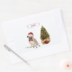 Pug Funny Christmas Dog with Tree Rectangular Sticker