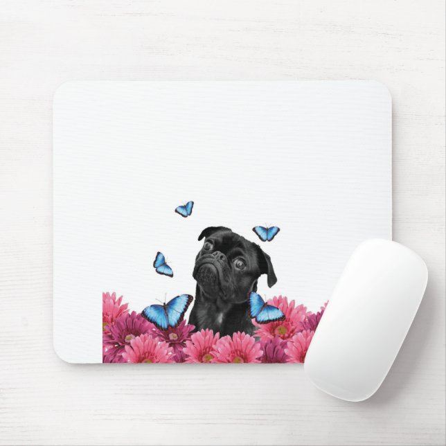 Pug Gerbera Butterflies | Cute Black Dog Mouse Pad (With Mouse)