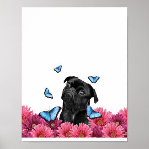 Pug Gerbera Butterflies   Cute Black Dog Poster