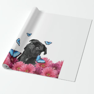 Pug Gerbera Butterflies Cute Black Dog Wrapping Paper