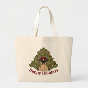 Pug Girl and Tree Holiday Large Tote Bag