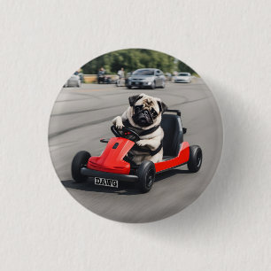 Pug go-kart racing 3 cm round badge