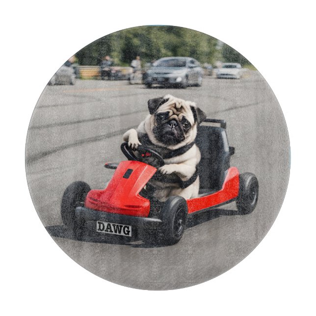 Pug go-kart racing cutting board (Front)