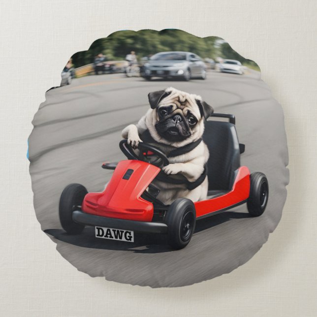 Pug go-kart racing round cushion (Front)
