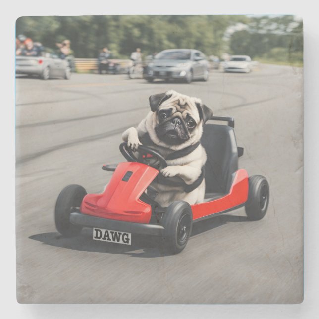 Pug go-kart racing stone coaster (Front)