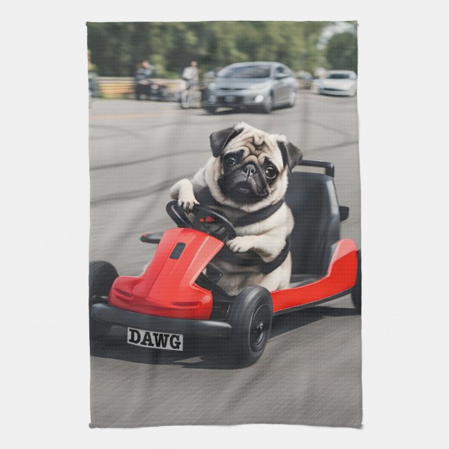 Pug go-kart racing tea towel (Vertical)
