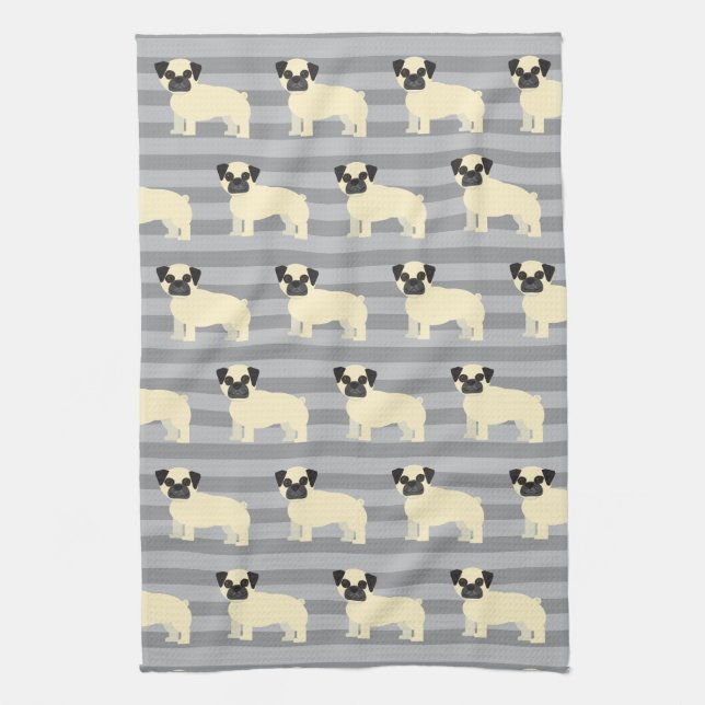 Pug Gray Lined Tea Towel (Vertical)