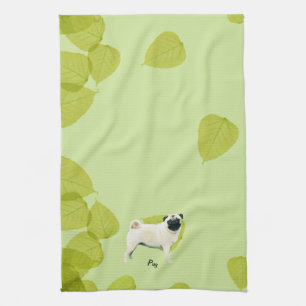 Pug ~ Green Leaves Design Tea Towel