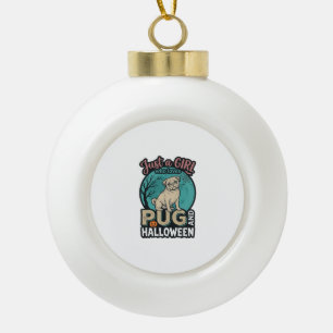 Pug Halloween Girl Vintage Vector Design_1 Ceramic Ball Christmas Ornament