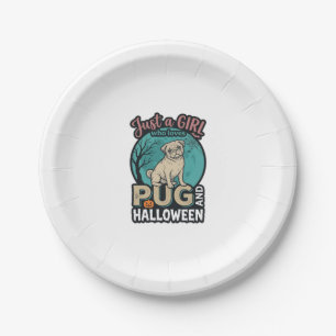 Pug Halloween Girl Vintage Vector Design_1 Paper Plate