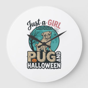 Pug Halloween Girl Vintage Vector Design (2)_1 Large Clock