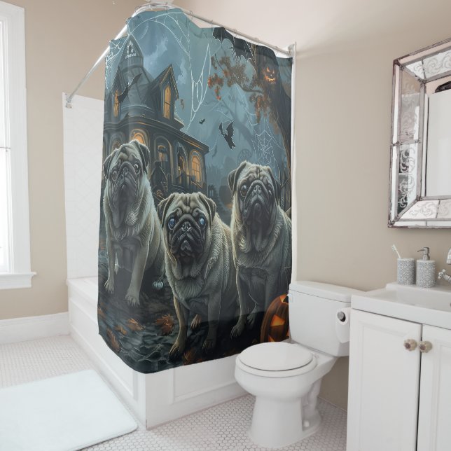 Pug Halloween Night Doggy Delight Shower Curtain (In Situ)
