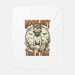 Pug Halloween Shirt with Vintage Engraving Moon_1 Fleece Blanket