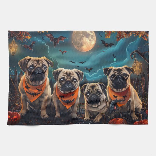 Pug Halloween Spooky  Tea Towel (Horizontal)