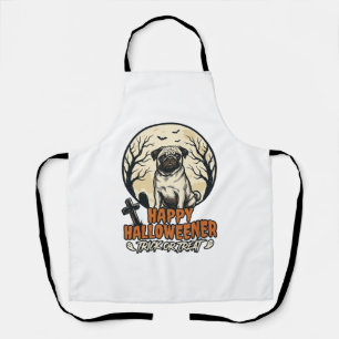Pug Halloween Trick or Treat Vintage Engraving Des Apron
