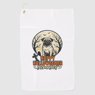 Pug Halloween Trick or Treat Vintage Engraving Des Golf Towel
