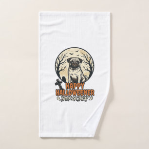 Pug Halloween Trick or Treat Vintage Engraving Des Hand Towel