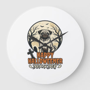 Pug Halloween Trick or Treat Vintage Engraving Des Large Clock