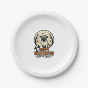 Pug Halloween Trick or Treat Vintage Engraving Des Paper Plate