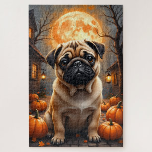Pug Haunted Village Halloween Portrait Art Jigsaw Puzzle