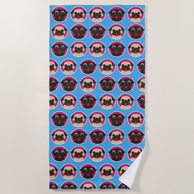 Pug Heads on Blue Beach Towel (Front)