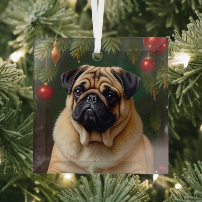 Pug Holiday  Glass Tree Decoration (Insitu)
