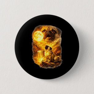 Pug howling at moon epic forest fantasy  6 cm round badge