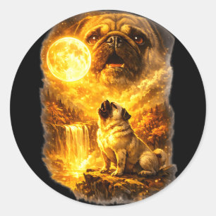 Pug howling at moon epic forest fantasy classic round sticker