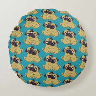Pug hug Blue, Round Cushion