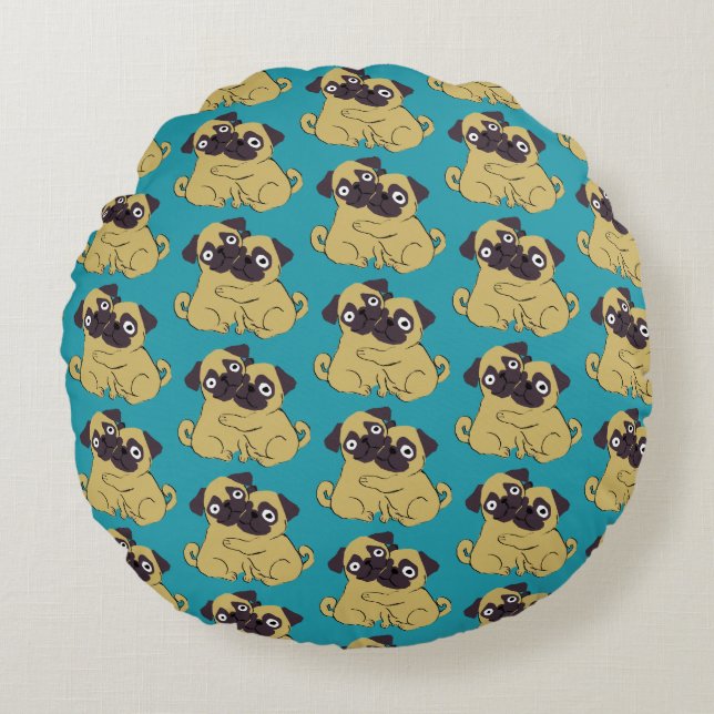 Pug hug Blue, Round Cushion (Front)