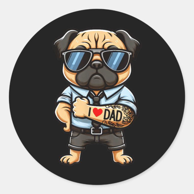 Pug I Love Dad Funny Dog Tattoo  Classic Round Sticker (Front)