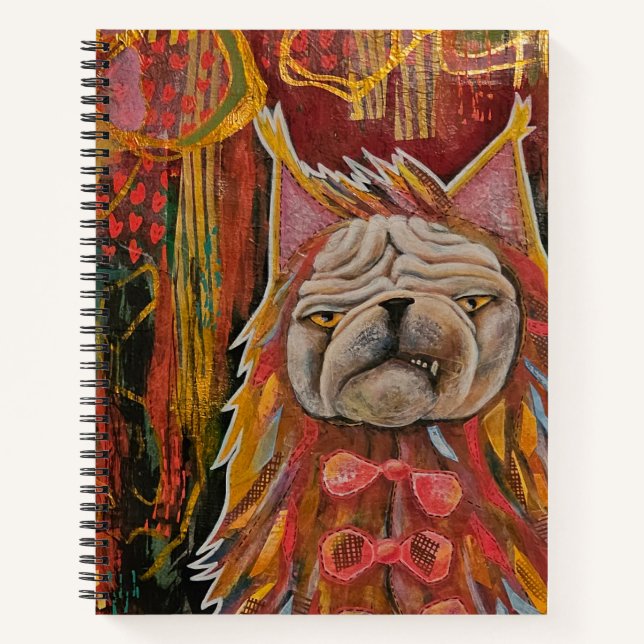 Pug in a cat costume, unhappy pug abstract collage notebook (Front)
