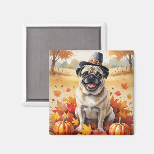 Pug In Autumn Leaves Thanksgiving Art Magnet