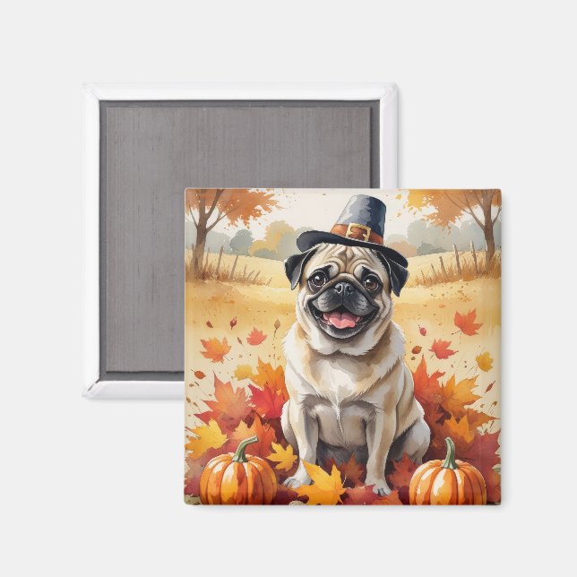 Pug In Autumn Leaves Thanksgiving Art Magnet (Front/Back)