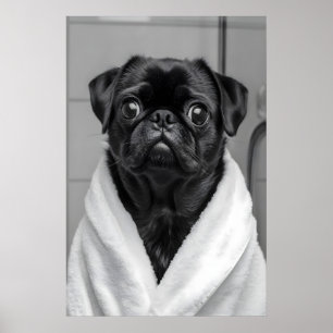 Pug in Bathrobe Funny Bathroom Print, Quirky Dog Poster