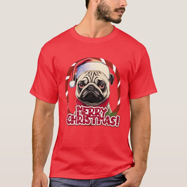 Pug in Christmas hat Christmas depression friend T-Shirt (Front)