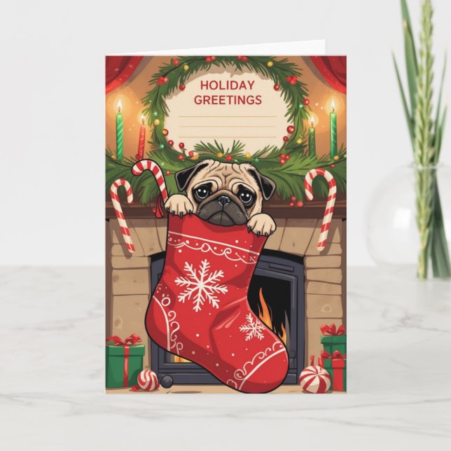 Pug in Christmas Stocking Holiday Cartoon Art Card (Front)