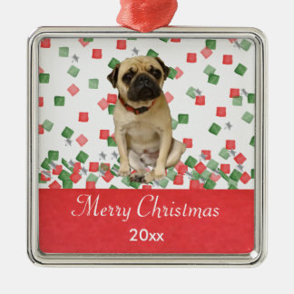 Pug in Hand Painted Christmas Confetti Metal Tree Decoration