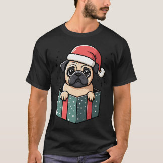 Pug In Present Dog Christmas Festive Santa Hat T-Shirt