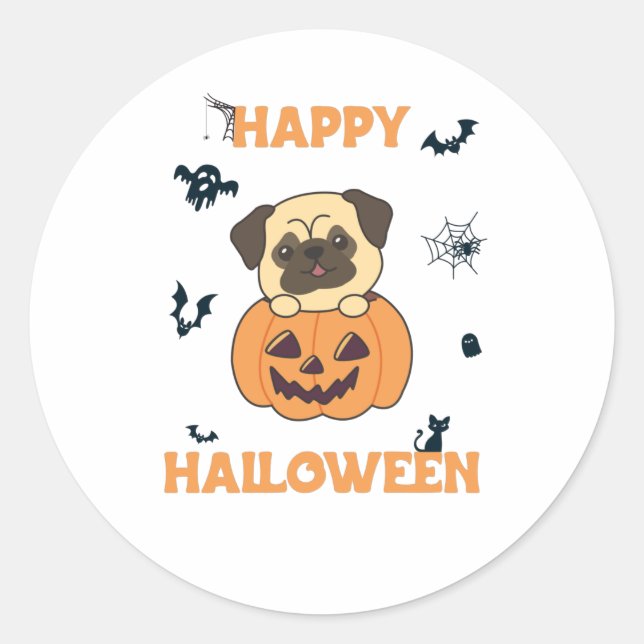 Pug In Pumpkin Sweet Dogs Happy Halloween Classic Round Sticker (Front)