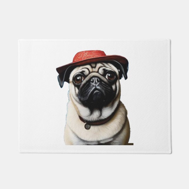 Pug in red hat Classic T-Shirt Doormat (Front)