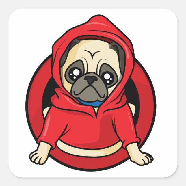 Pug in Red Hoodie Square Sticker (Front)