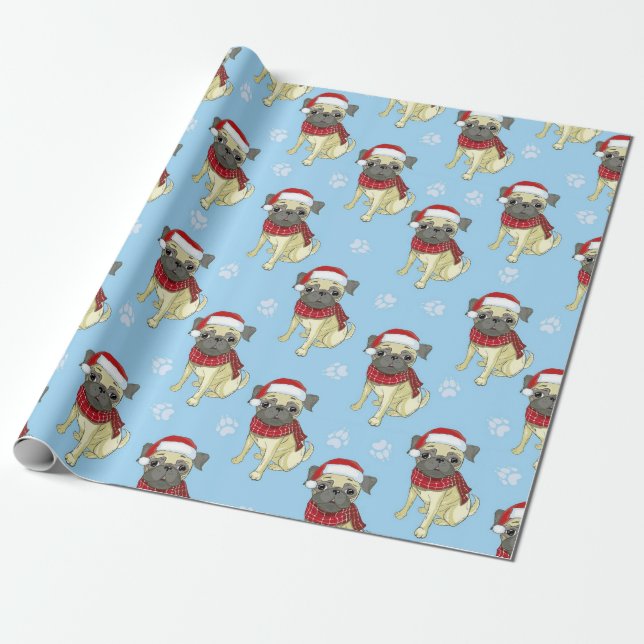 Pug In Santa Hat Pattern Wrapping Paper (Unrolled)