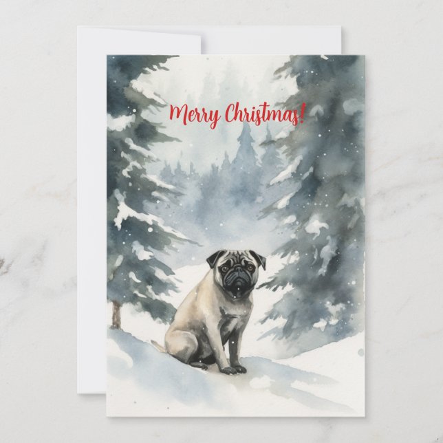 Pug In Snow Watercolor Christmas Holiday Card (Front)