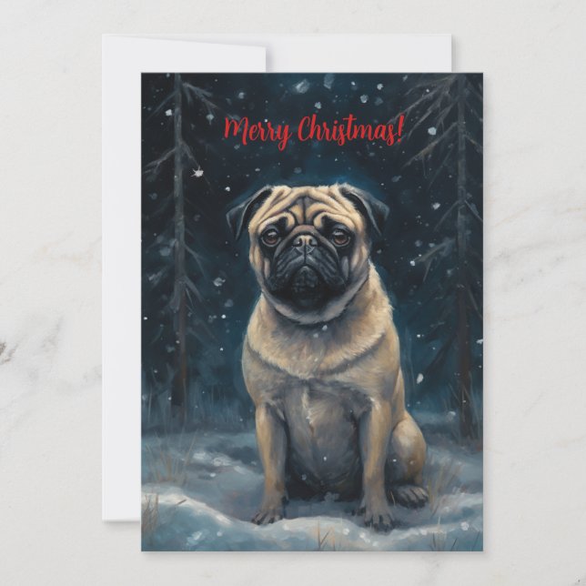 Pug In Snow Watercolor Christmas Holiday Card (Front)