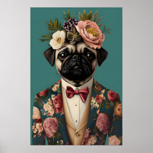 Pug In Suit Poster, Pug Portrait, Pug Oil Poster
