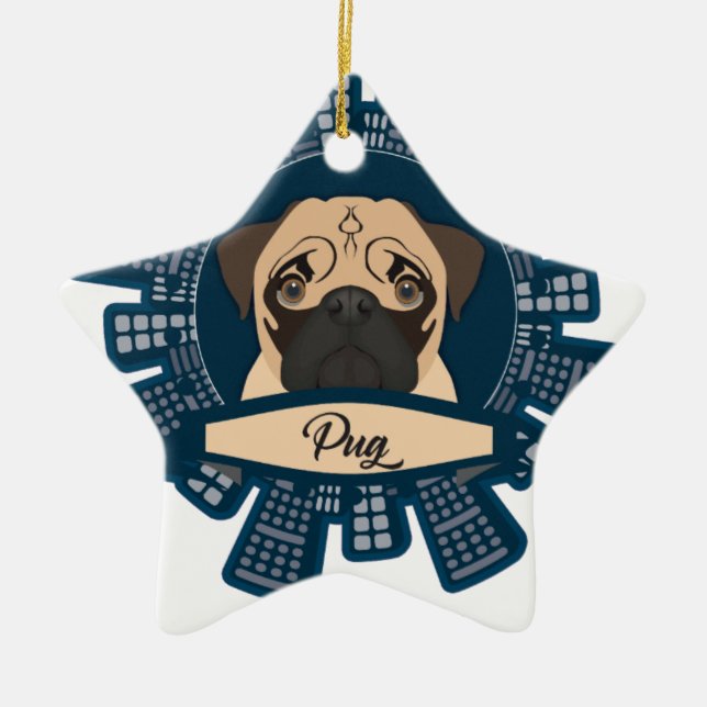 pug in the city ceramic tree decoration (Front)