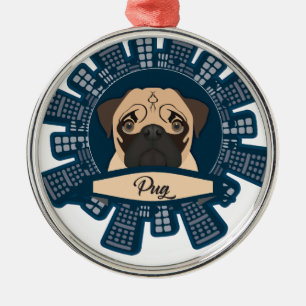 pug in the city metal tree decoration