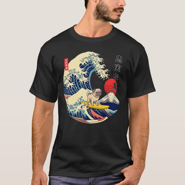 Pug Japanese Kanagawa Wave Surf Loyal Dog T-Shirt (Front)