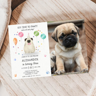 Pug Lets Dog Pawty Puppy Birthday Pink Photo Invitation